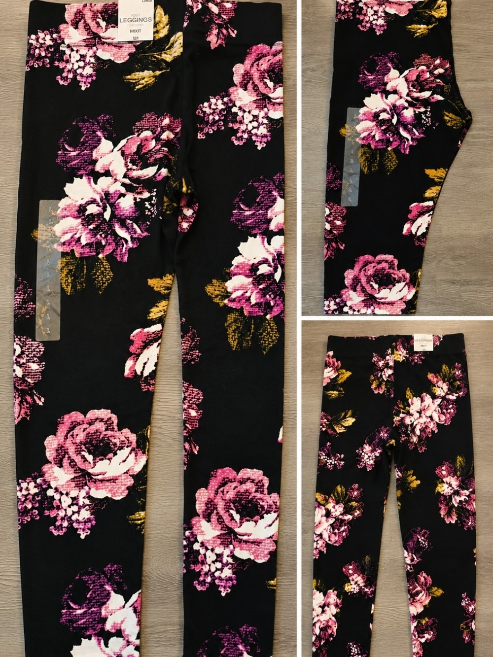 Mixit Black Floral Leggings with Pink and Gold Accents